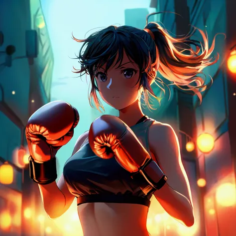 Manga style、Cute boxer girl with a ponytail、Running around town、At dusk