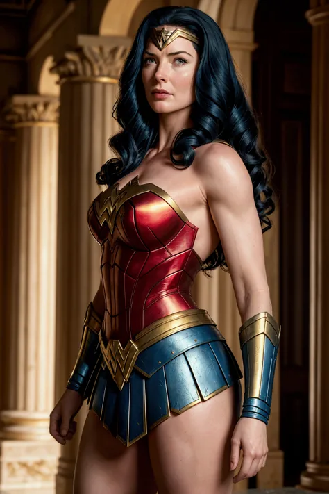 ACTRESS BRIDGET REGAN AS A BEAUTIFUL BOMBSHELL WONDER WOMAN (( DC COMICS)), HUGE LONG BLACK HAIR, HIGH CHEEKBONES, ROSY CHEEKS, EYES LOOKING TO CAMERA, LOOKING TO VIEWERS, SERIOUS FACE EXPRESSION, NORSE FEMALE BEAUTY, PALE SKIN, TRADITIONAL BLUE RED COSTUM...