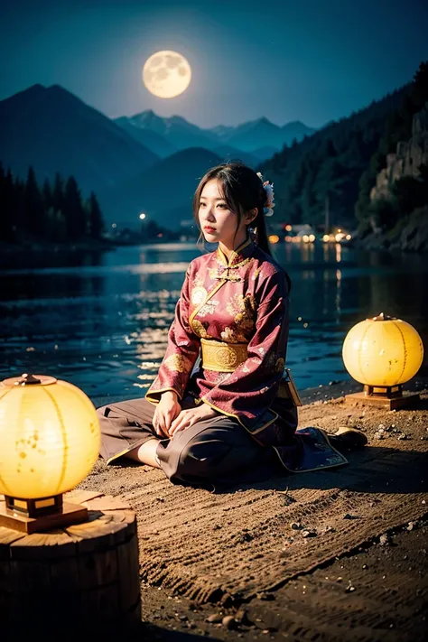 A woman wearing traditional Chinese clothing，Saw a mountain full of mooncakes，The mooncake mountain is very, very high，The height of the mooncake mountain is three times that of the woman，The woman was so frightened that she fell to the ground，side，Lots of...