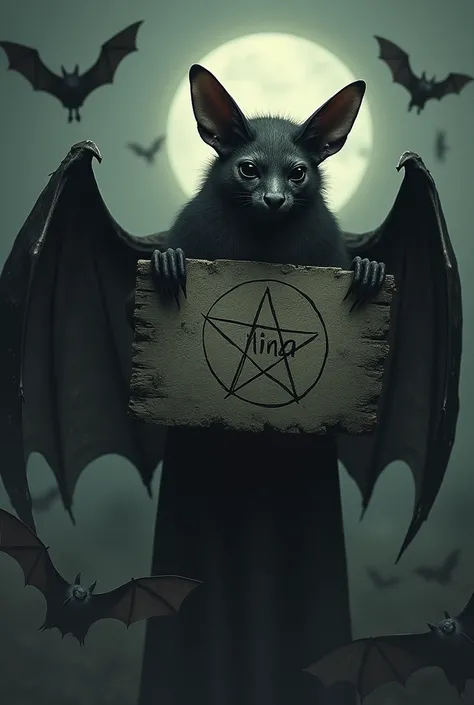 Bat holding a sign with the name Ninha written on top of a morning star pentagram and several bats flying around 