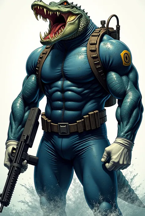 (A rugged beefy very muscular bulky roaring crocodile man), (wearing blue wetsuit), carrying a rifle. He has bulky scuba gear, muscular physique, toned muscles, fierce, heroic, action, comic artstyle, bulky best quality, wearing white fingerless gloves. we...