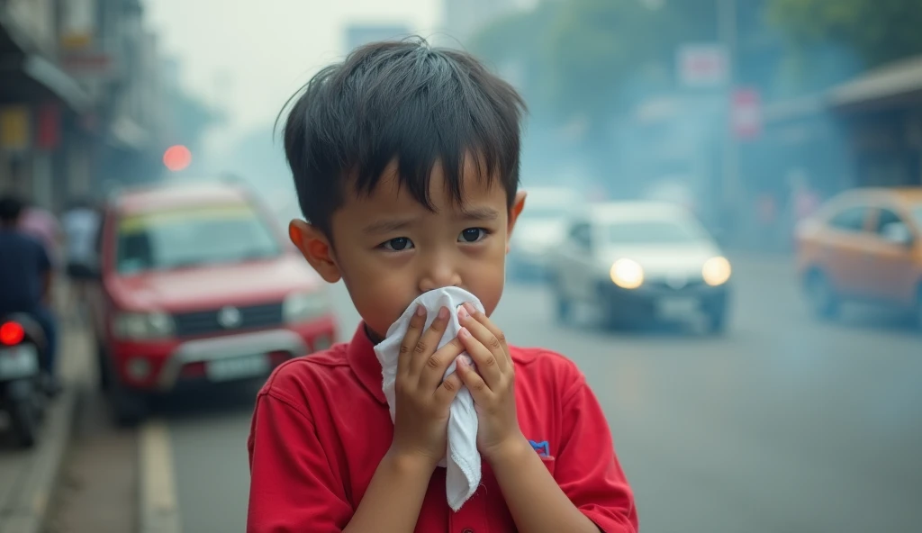 Photo of all Thai people in the picture. A  boy sneezes, a white handkerchief covering his mouth, wearing a red shirt, the background is on the side of the road with a lot of car smoke.

