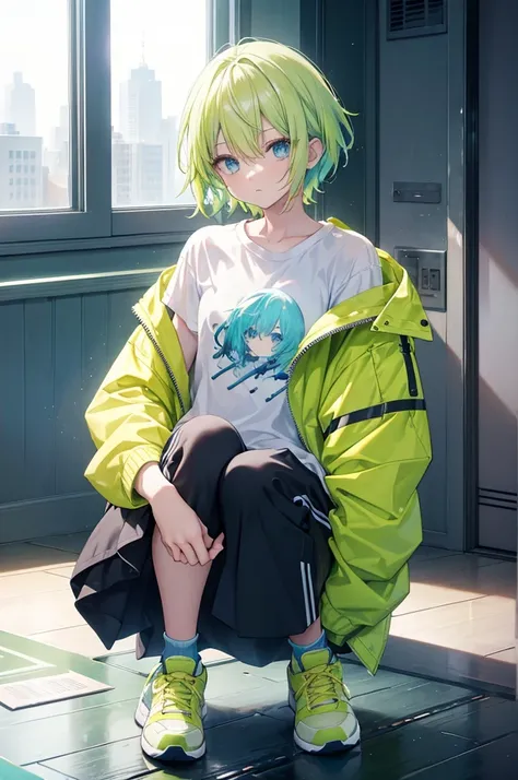 Yellow-green hair, light blue inner color, light blue eyes, lime jacket, black short-sleeved T-shirt inside, short hair, red sneakers, white short socks, winter clothes