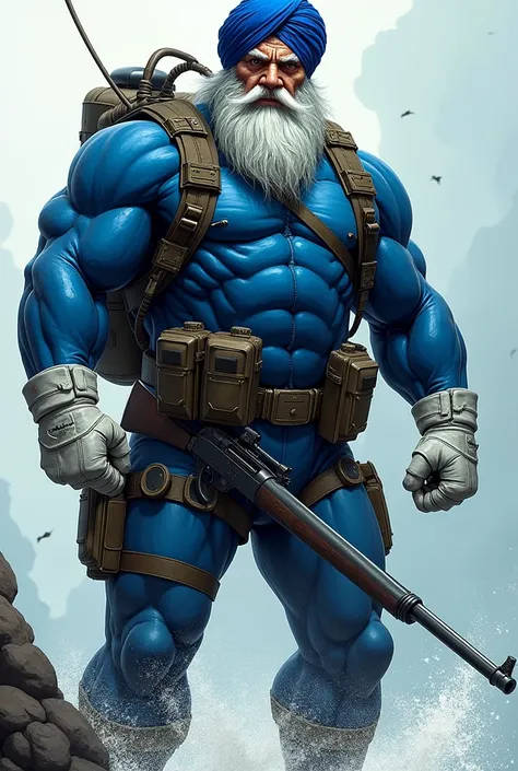 (A rugged beefy very muscular bulky sikh old man), (wearing blue wetsuit), carrying a rifle. He has bulky scuba gear, muscular physique, toned muscles, fierce, heroic, action, comic artstyle, bulky best quality, wearing white fingerless gloves. wearing gun...