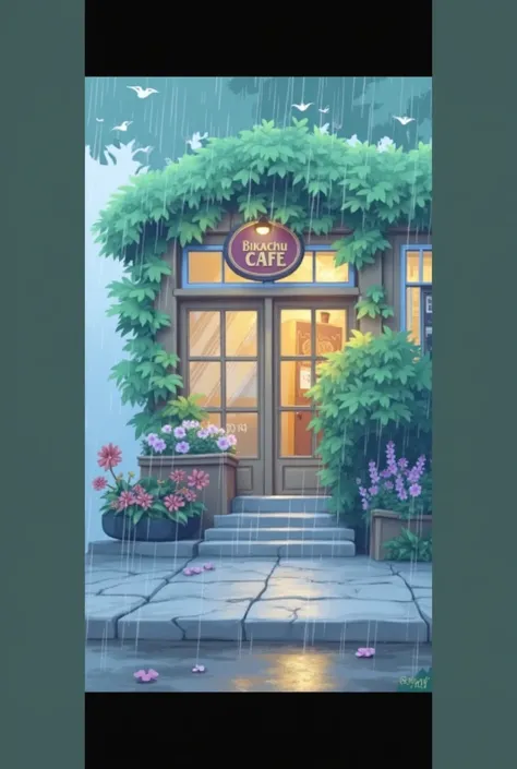 line-art painting of an coffee shop surrounded by green with the sign say "Bikachu Cafe", light rain outside, detailed texture