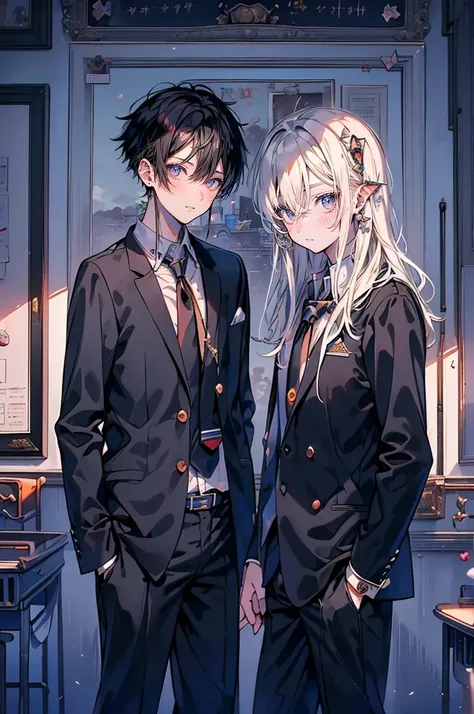 (muste piece), (best quality), very detailed, (((Two friendly high school boys:1.5))), perfect face, beautiful face, very detailed face，(black haired man:1.3)，(white haired man:1.3)，School，classroom，student uniform，tie，shirt