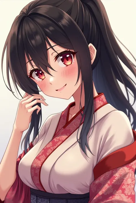 kimono、Black Hair, Blushing, Red eyes, Tsundere, Large Breasts, ponytail, ,anime, Simple Background, happy tears, Face hiding, 