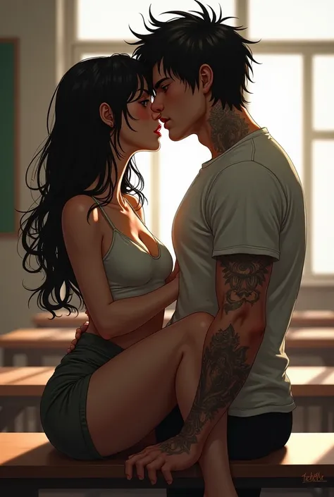 At the table of the 3 black-haired teacher with light brown eyes leaning on the edge of the table with her legs open, heels are being squeezed by a very handsome man with messy black hair, a t-shirt and tattoos. Their faces are full of passion and desire, ...