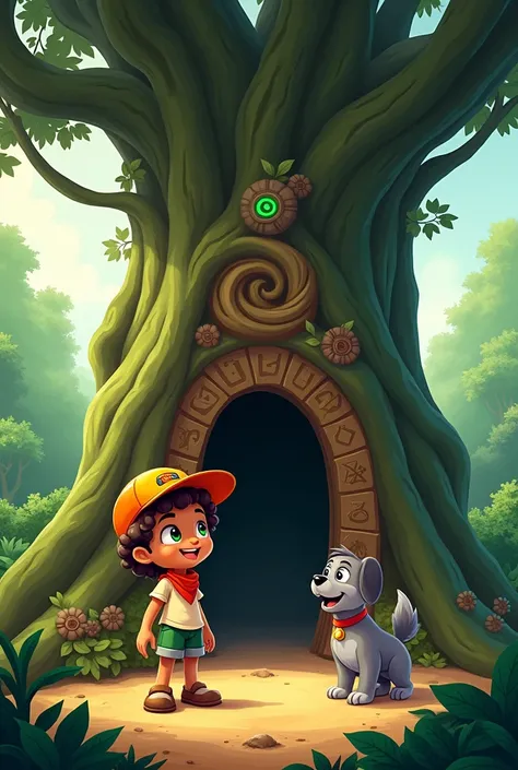 Jadoo and Toto arrive at a massive, ancient tree towering over the jungle. Its bark is covered in moss and glowing symbols, and its thick roots twist and curl into the ground, giving the tree an almost living appearance. A large hollow at the base of the t...