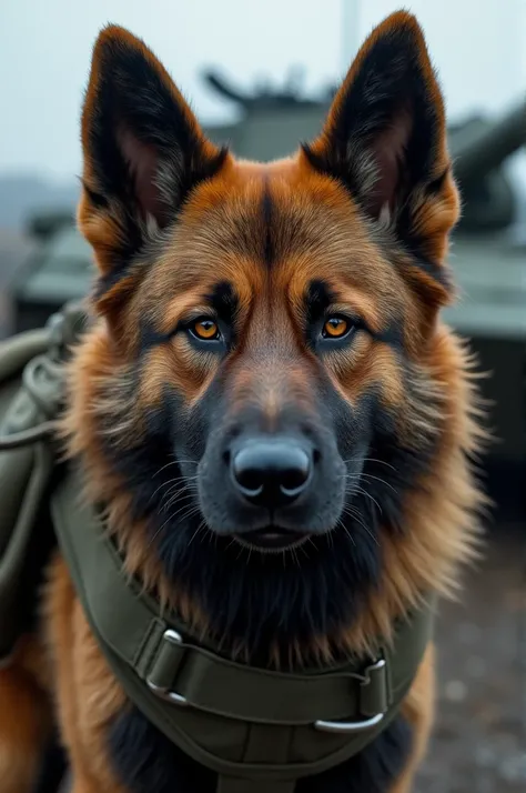 Close-up of a Soviet dog with a harness containing a mock explosive charge strapped to its back. The dog should look focused and ready, with a tank or war-related equipment in the background to highlight the target.