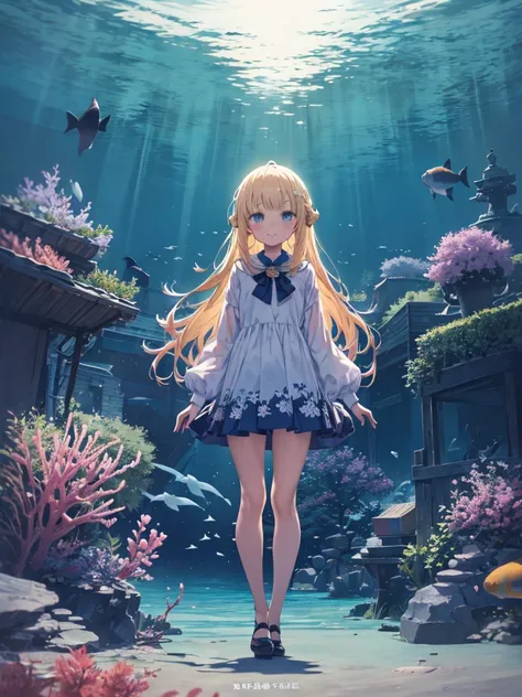 Score_9, Score_8_up, Score_7_up, source_anime,masterpiece, Best Quality, High resolution, Extremely detailed CG, Absurd, One girl, Alone, Young Teenage Girls, smile, ((Under the Sea)), (In the waterの白い大理石のギリシャ寺院), In the waterを漂う女の子, blonde_hair, length_ha...