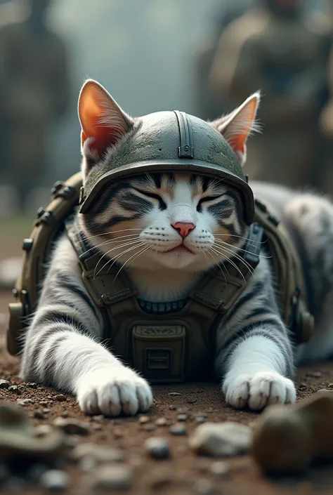 A muscular cat with a gray and white coat, wearing a military helmet and camouflage vest, is lying on the ground with its eyes closed. Its oversized, bulging muscles are prominently displayed as it rests, surrounded by a blurred background of what appears ...