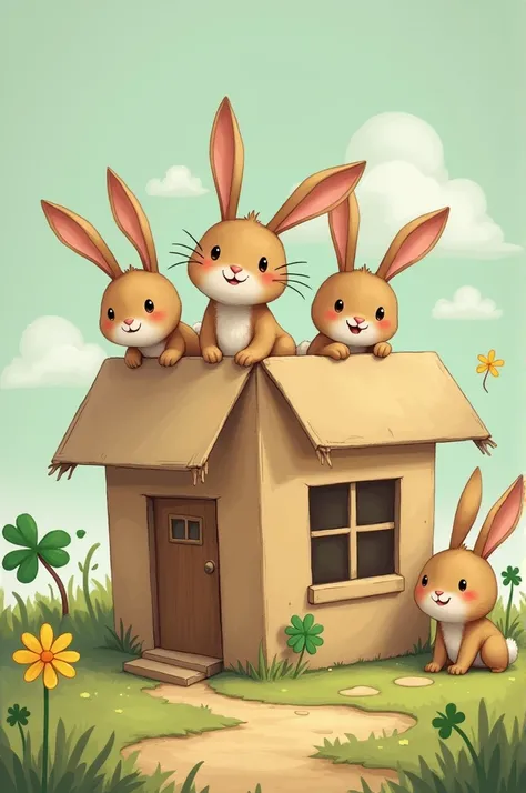 a house shaped cardboard box with the roof open and many rabbits sticking their heads out. The leader rabbit in the middle has a four leaf clover on his ear.