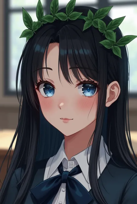 (Best quality,4K8K,High resolution,masterpiece:1.2), Very detailed, {{1 woman}}, dark black hair, blue eyes, Long hair, Leaf head, flushing, , Beautiful detailed eyes, Detailed face, collar shirt, Bow tie, school, Indoors, portrait, Close up, Clear lightin...