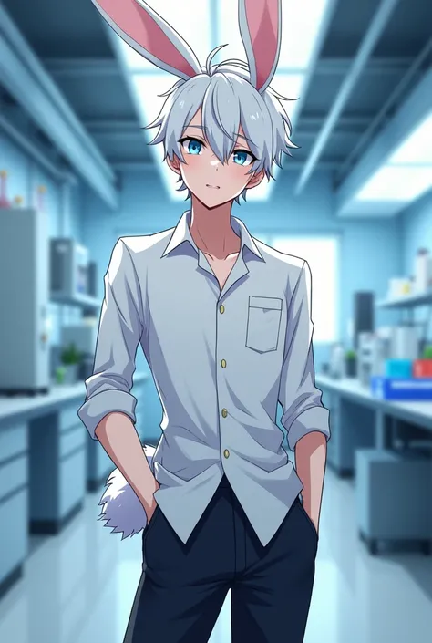 male, anime, 2, white hair, light blue eyes, slim waist, bunny ears, bunny tail, cold, wearing a PhD blouse, in the laboratory, looking from bottom to top.