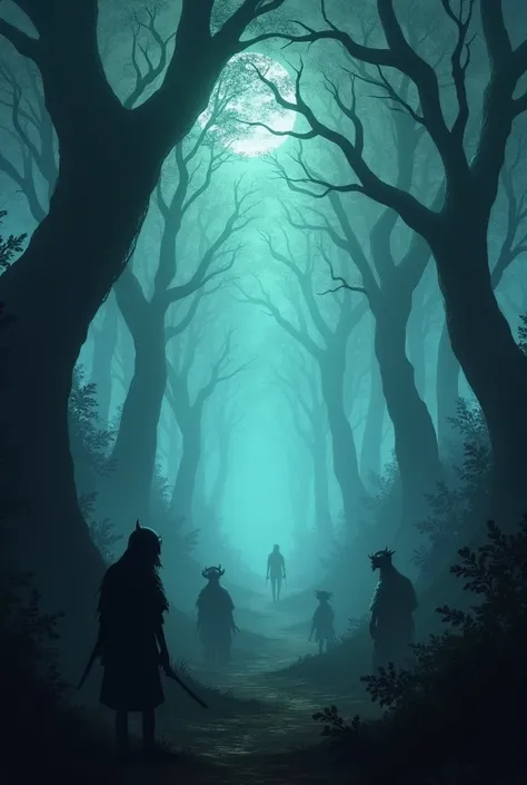 A misty forest at twilight with crooked trees, where unusual and mysterious creatures peek through the shadows. The scene feels eerie and mysterious, with fog swirling around and a glowing, otherworldly light casting long shadows