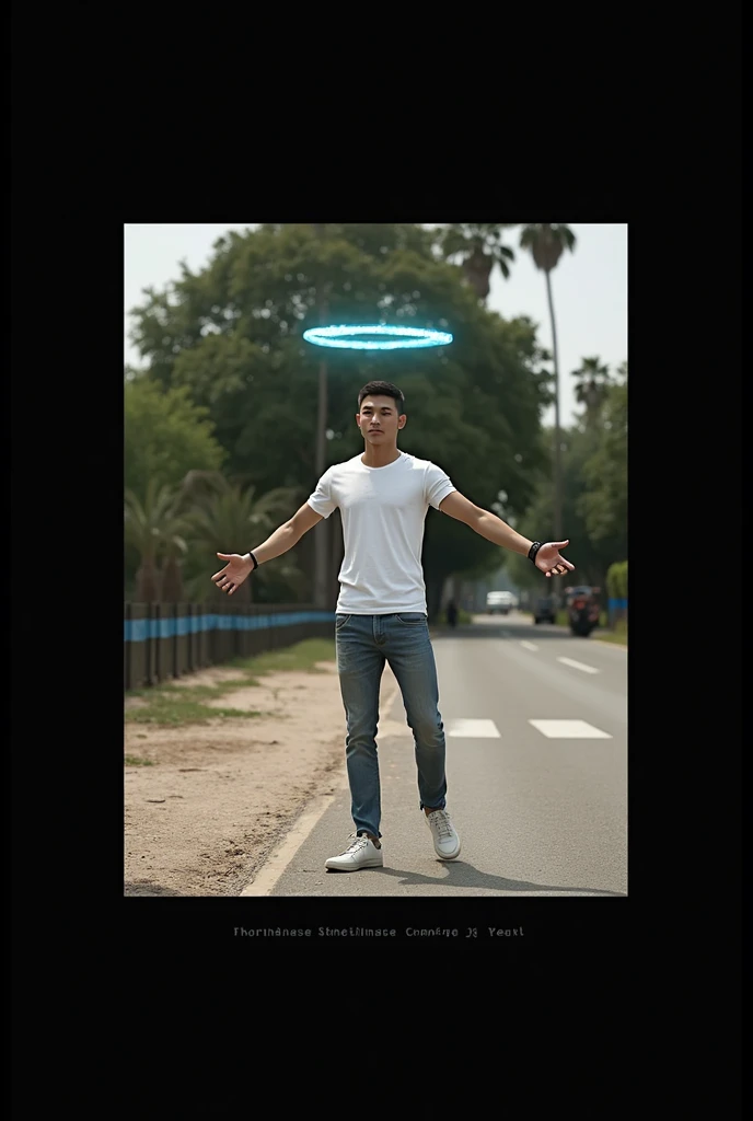 hyperrealistic image of extremely handsome 20 year old asian man, muscular, wearing a white t-shirt, buzz cut, have a glowing blue halo over head