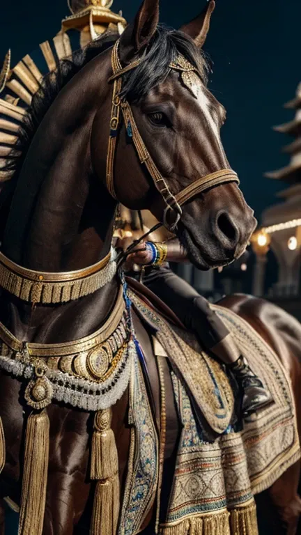 A indian latino prince riding a black horse with a gold and blue background , hd, hdr, D750F nikon camera photography, sharpness, detailed picture, masterpiece 