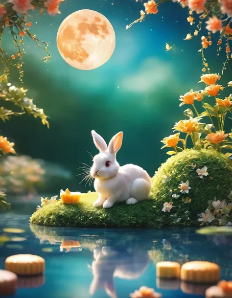 a serene 3d scene of a rabbit sitting on the crescent-shaped full moon, surrounded by lush tree leaves and a scattering of moonc...