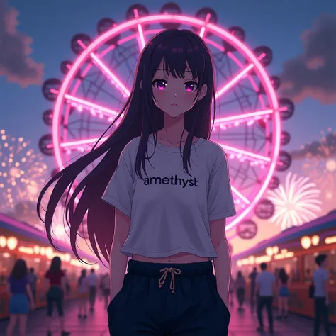 long hair pierce anime gir wearing  white top and  black loose jogging pants, with a text 
"amethyst" on her T-shirt, (the font of the text
 is Sans font, not in all caps) In a ferris 
wheel babypink lights with a sense of white
and purple (the ferris whee...