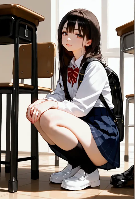 anime girl sitting on the floor with a purse and a backpack, realistic schoolgirl, beautiful anime high school girl, a hyperreal...