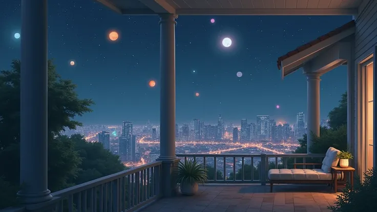 view of the city at night from porch; porch has some width; on the sky you can see planets in various colors; no people; In the style of Makoto Shinkai。master piece, ultra detail, precision, ultra-realistic, unreal engine render, anime art
