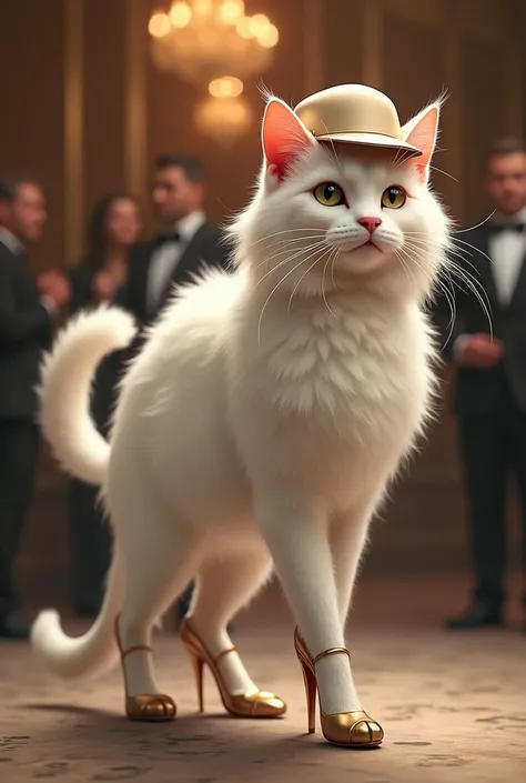 Can you create a white long hair beautiful high class cat going to party with cap and beg high hill