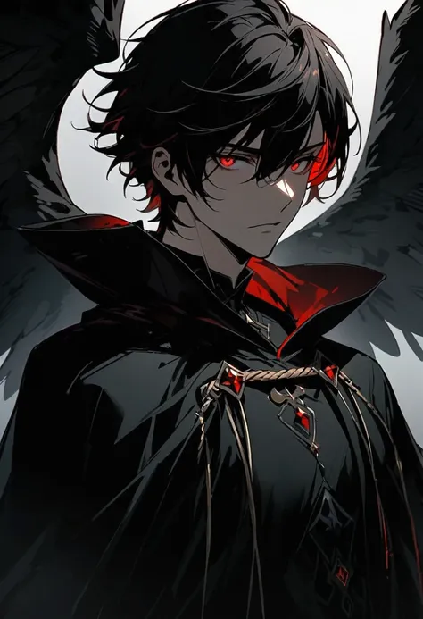 solo, handsome, 1 male, short hair, black hair, red eyes, black shirt, black cloak, black wings