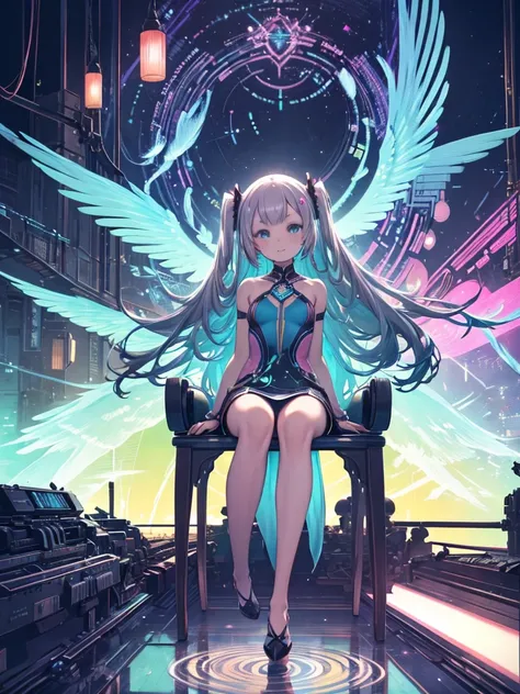 Electronic circuit pattern dress,Electronic circuit pattern,Miku,masterpiece, Best Quality, 8k, (Realistic:1.4),(Vivid Colors:1.3),(Content Representation:1.3),Electronic Girl. Cyberpunk Magic. Electronic Wing Dress. Electronic World. A unique and fantasti...