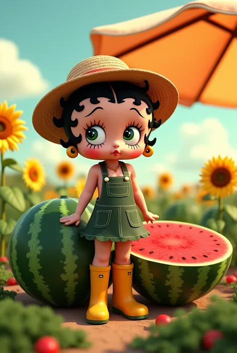 Betty boop, is a modern farmer，Wearing beautiful farmer clothes and yellow rainboot，￼Headband straw hat，In the watermelon field，There is a large cut watermelon next to it，There are sunflowers next to it，There is a big sun umbrella next to it，Sunlight，roman...