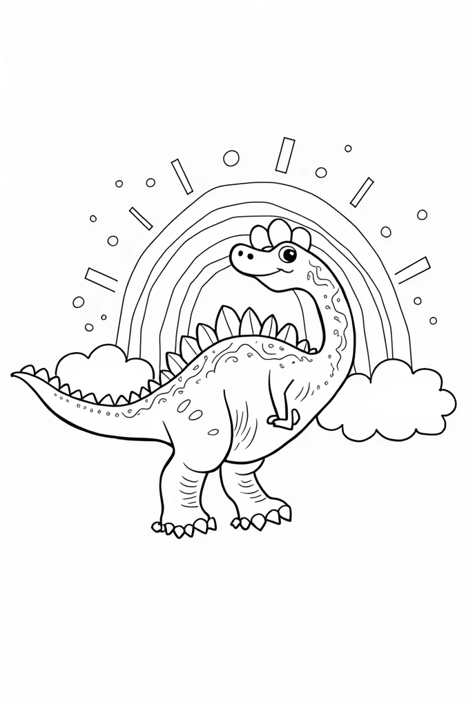 childrens coloring page, black and white, cartoon style dinosaur with rainbow, detailed fantasy art, line art, white background, no shading, white background