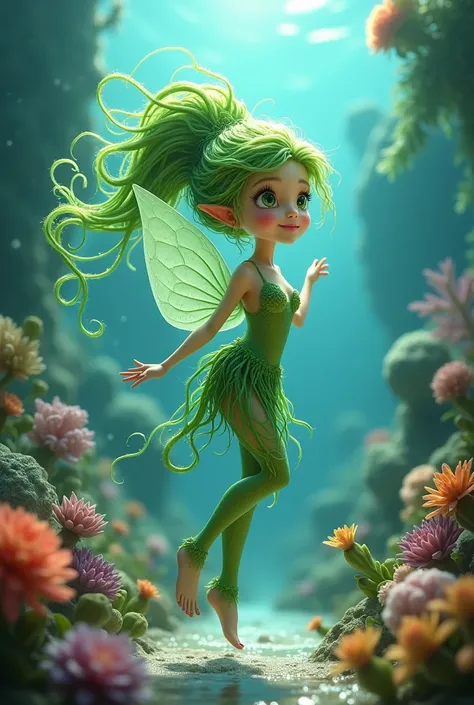 Seaweed Fairy，Fun and cute atmosphere，Innocence，The background is the Deep Sea Fountain Park，High-definition and detailed depiction．