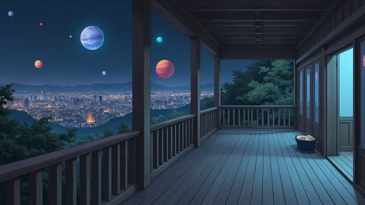 view of the city at night from a wooden japanese porch; porch has some width; on the sky you can see planets in various colors; no people; In the style of Makoto Shinkai。master piece, ultra detail, precision, ultra-realistic, unreal engine render, anime ar...