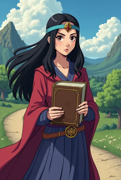 Woman with long black hair,Forehead protector,He has an old book in his hand,On the road,Dragon Quest style,Hero,anime,learning