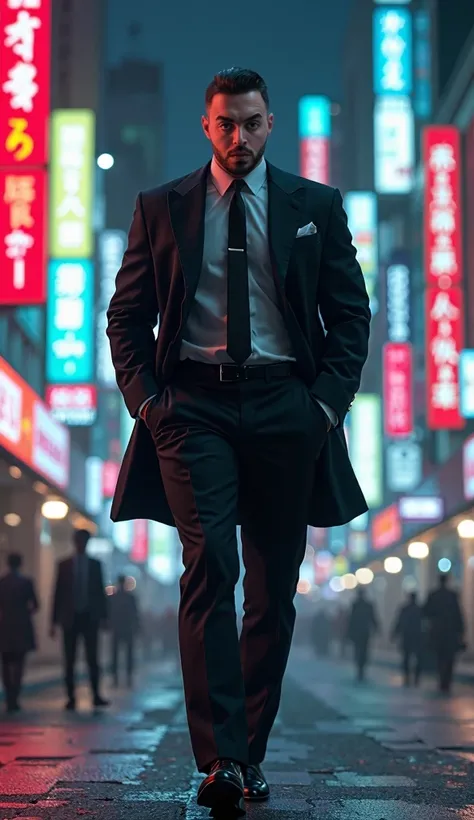 highly detailed muscular young man walking the streets of Tokyo cyberpunk style. dressed as a mafioso, hands in pockets.
