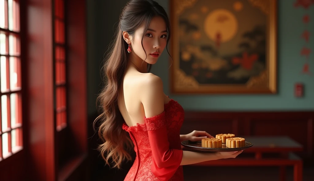 DEPTH OF FIELD, BEAUTIFUL PERFECT BODY, BEAUTIFUL FINE FACE, SMALL CHEST, REALISTIC TEXTURE, CHINESE GIRL, PERFECT HAND, LIGHT BROWN LONG WAVY HAIR, BLACK EYES, WEARING A sexy red see-through dress , WEAR 3-INCH HIGH HEELS, HOLDING A TRAY OF MOONCAKES, STA...