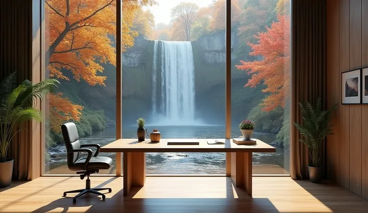 Design a contemporary study room with a sleek, minimalistic desk and a large window overlooking a rainy autumn waterfall. The room is decorated with modern art pieces and a few indoor plants. The window reveals a breathtaking view of a waterfall surrounded...