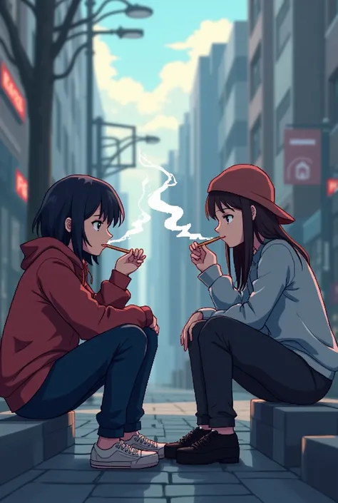 Two people smoking in pixelated anime