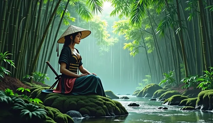 A lone beautiful woman, facing camera, large breast size 4, dressed in traditional samurai armor chest open, with a straw hat, sits peacefully on a moss-covered rock by a flowing stream in a serene bamboo forest. Rain gently falls around her, adding a calm...