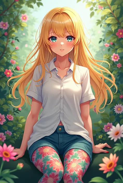 anime girl with Blonde hair in Floral leggings and short sleeve button up white shirt