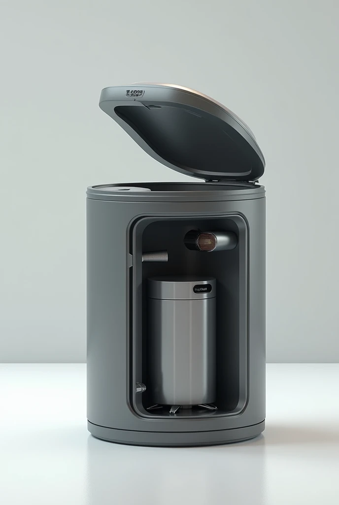 3d trash bin that has solar, sensor lid automatic opener, compressor inside so it can compress the trash, air refresher so it minimized the bad odor, and show the parts, made out of metal and make an empty space inside because were gonna put the parts in i...