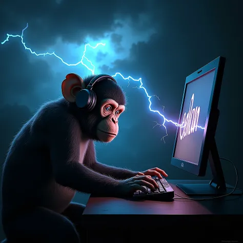 logo,A monkey with headphones plays on a computer, eblan inscription, horror, storm, lightning strikes the letter i