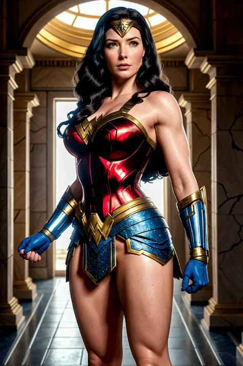 ACTRESS BRIDGET REGAN AS A BEAUTIFUL BOMBSHELL WONDER WOMAN (( DC COMICS)), HUGE LONG BLACK HAIR, HIGH CHEEKBONES, ROSY CHEEKS, EYES LOOKING TO CAMERA, LOOKING TO VIEWERS, SERIOUS FACE EXPRESSION, NORSE FEMALE BEAUTY, PALE SKIN, TRADITIONAL BLUE RED COSTUM...
