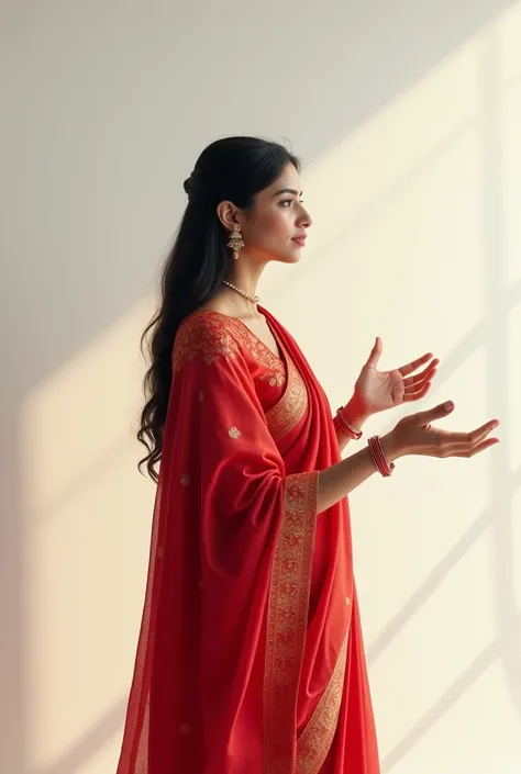 Hindu beautiful women, in red saree , standing on floor, side view, talking,hand gesture, white background 