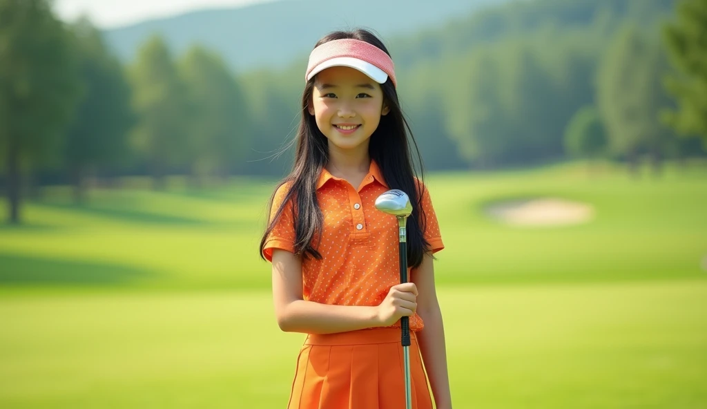 High-quality, photo-realistic 8K RAW photo of a young Korean girl standing alone in the foreground of a golf course. She has black, long, center-parted hair, resembling a Korean model with smooth, textured skin and a charming smile. She wears an orange pol...