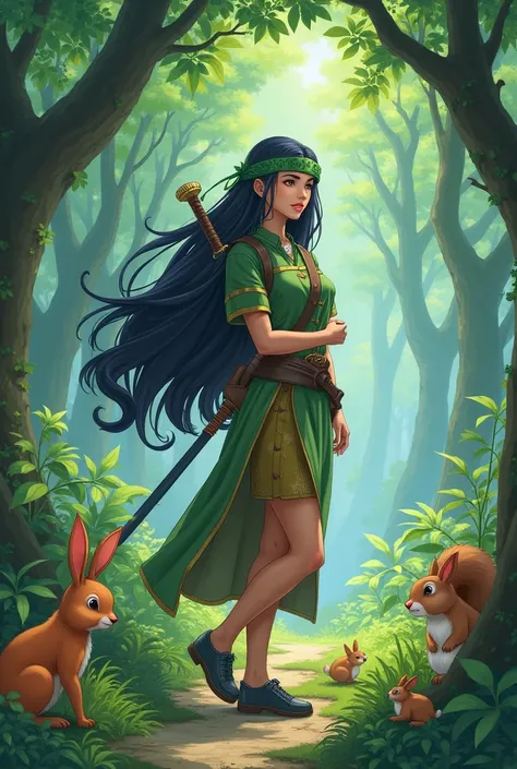 Woman with long black hair,Forehead protector,Carry a sword on your back,Forest animals,Have fun studying,Learning Time,Calm time,Dragon Quest style,Hero,Anime Style,