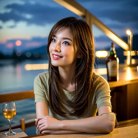 (Realistic, 超Realistic:1.4), 16K HDR, High resolution,Both arms accurately,Brown short hair,The best smile、Japanese Actress,Super Beauty(Like the real thing),Short sleeve dress,Whiskey Bottle、The Macallan、Johnnie Walker、、Old Parr、whiskey、Suntory、nick、Slim ...