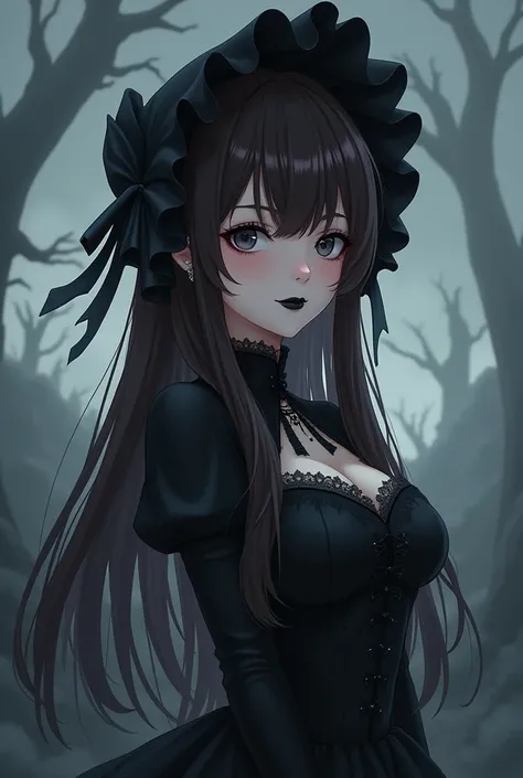 Anime girl with long dark brown hair, with straight bangs, black eyes, black painted lips, medium breasts, wearing a black gothic lolita-style dress and a black bonnet smiling shyly at the camera in a cloudy and terrifying landscape