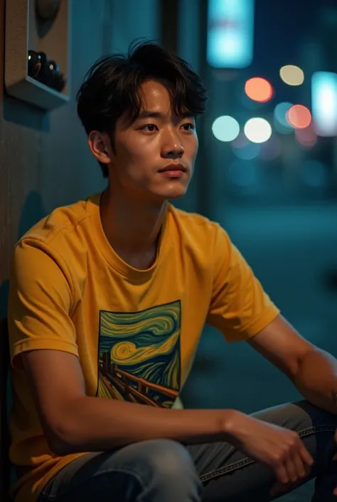 a handsome Asian man aged 23, wearing a yellow T-shirt with a picture of scream. Wearing jeans, sitting in a chair staring intently ahead with a slight smile. the night is quiet