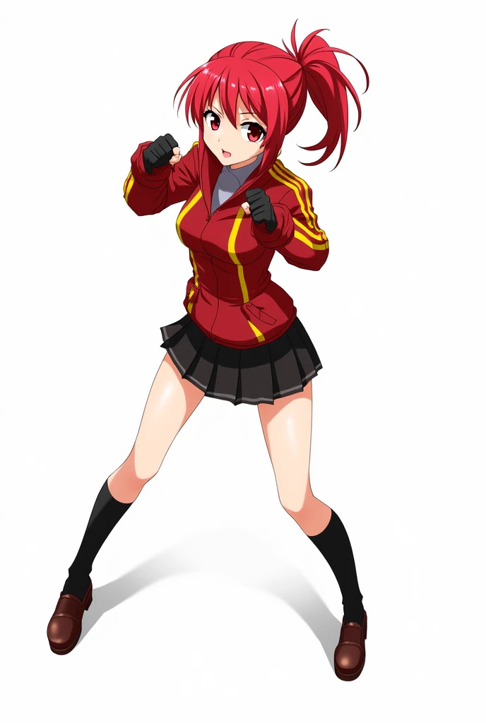 Red Side pony tail hair anime girl, Red eye, Wearing red jacket with golden stripe, black short skirt, long black socks, black gloves, Fighting stance. White background 
